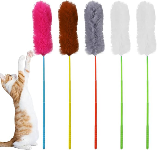 Larrel 5PCS Interactive Cat Wand Toys, Fur Cat Toys, Soft Kitten Teaser Sticks for Indoor Cats, Fur Cats Teaser Wand Set for Playing, Chasing and Exercise Needs (13 Inch Long)