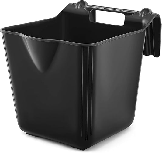 Marsui 1 Pcs 15 Quart Horse Feeders for Stall Hook Over Hanging Fence Hay Feeder Mountable Livestock Plastic Feed Bucket for Farm Stalls Pasture, Stable to Feed Horses Sheep Cattle Cows Etc (Black)