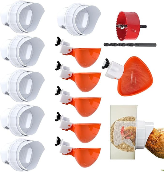 Essilnn DIY Chicken Feeder and Waterer Automatic Chicken Feeder No Waste Poultry Feeder Kit for Buckets Barrels Bins Troughs, 6 Ports and 6 Water Cups