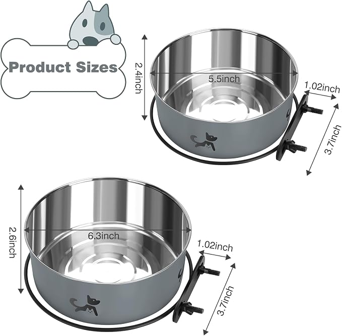 Dog Crate Bowls Hanging No Spill, Set of 2 Dog Crate Water Bowl, Mountable Stainless Steel Pet Cage Accessories Feeder Crate Water Food Dish Coop Cup for Cat Puppy Bunny Guinea Pig Ferret