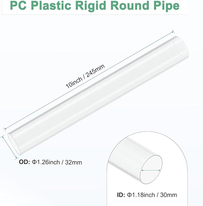 M METERXITY 1-Pack Clear Plastic Tube, 30mm[1.18"] ID x 32mm[1.26"] OD High Impact Rigid Polycarbonate Round Pipes for Water Plumbing/Lighting/Aquariums/Models, Plastic Tubing [245mm/10IN]