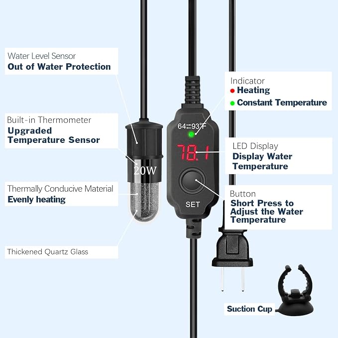 YOFOTHS Adjustable Mini Aquarium Heater 0.5/1/2/3 Gallon Submersible Small Fish Tank Heater 10W/20W/30W Digital Display Thermostat External Temperature Controller(20W)