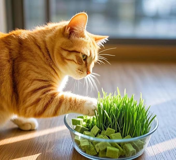 Fangool Freeze-Dried Cat Grass Treats,1.8oz Chicken Freeze-Dried Cat Grass Granules/80% cat Grass Content Hairbal Remedy and Teeth Cleaning