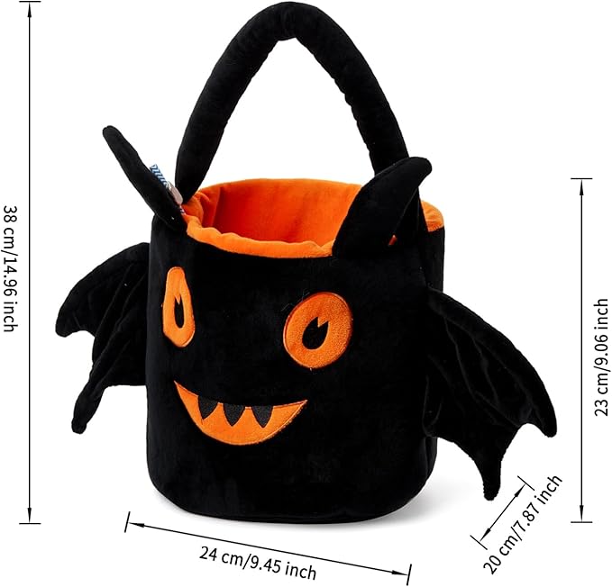 Halloween Plush Treat Basket, Halloween Candy Basket, Trick-or-Treat Bag( Black Orange Bat)