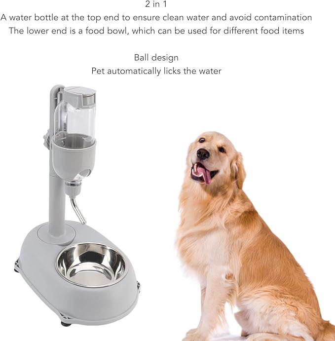Dog Water Bottle with Bowl, 2 in 1 Water Bottle Stand Dispenser with Food Container Adjustable Pets Dog Bowl Feeder Drinking Bottle, for Cats Dogs Gerbil Rat Dwarf Hamster
