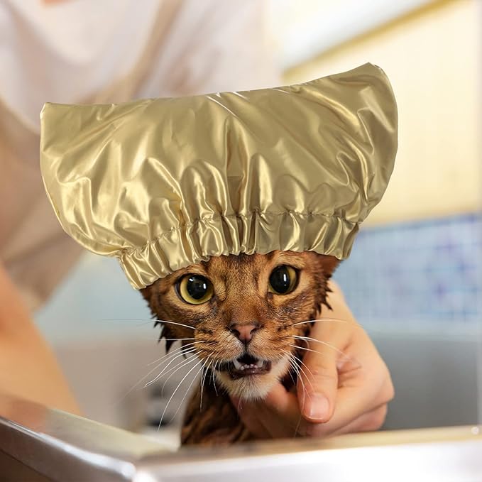 Pet Shower Cap Waterproof Reusable Bath Ear Covers with Adjustable Strap Cat Dog Bathing Hat for Ears Protection Elastic Headgear for Cat Dog Kitten Puppy (Gold,M (12.6''-18.1''))