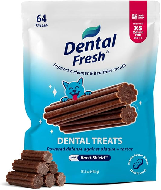 Dental Fresh Dental Treats for XS Dogs, Vet-Formulated Teeth Cleaning Dental Sticks to Help Reduce Plaque and Tartar and Freshen Breath, 64 Count Brush Free Dental Chews for Dogs up to 10 lbs