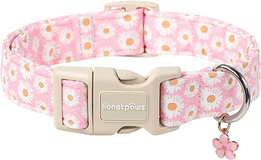 Lionet Paws Floral Dog Collar- Cute Daisy Pink Dog Collars with Plastic Buckle,Light Adjustable Dog Collars for Medium Large Dogs