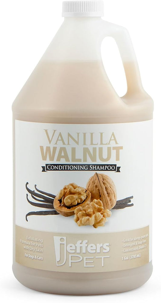 Jeffers Pet Vanilla Walnut Conditioning Dog & Cat Shampoo, 128 oz – Deodorizing Grooming Wash, Coconut Based Soap Free Formula, Walnut Oil & Vanilla Extract, Vitamins A D E, Concentrated Coat Care