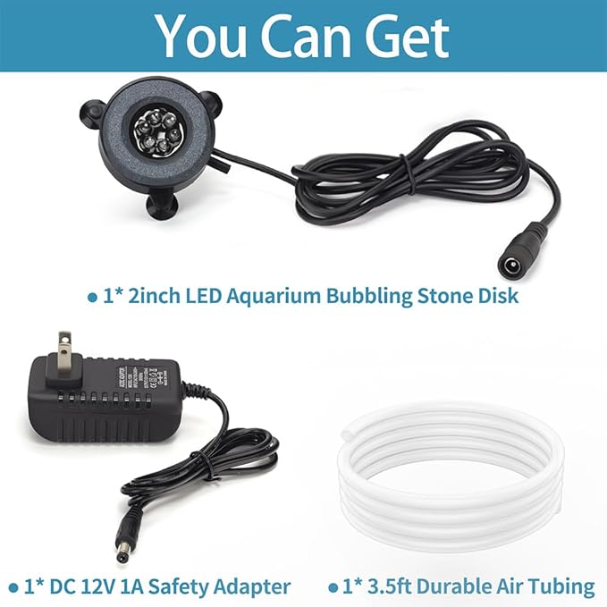 DaToo Aquarium LED Air Bubble Stone Disk 2 Inch with 6 Dazzle Color LEDs Fish Tank Oxygen Bubble LED Light Color Auto Changing with 3.5ft Air Tubing
