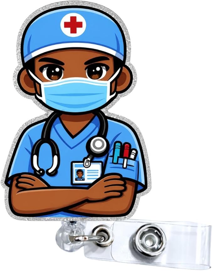 Cute Male Nurse Badge Reel Retractable ID Holder Clip for Men Nurses Nursing Staff CNA RN LPN Nurse Week Appreciation Hospital Office Staff Professional Healthcare Name Tag Uniform Accessories Gifts