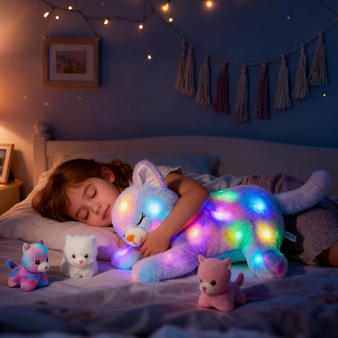 Hopearl LED Musical Stuffed Cat Lighting Up Singing Plush Toy Playset Mommy Cat with 3 Baby Kittens in her Tummy Lullaby Animated Soothe for Mom Kids Toddler Girls, Rainbow, 18''