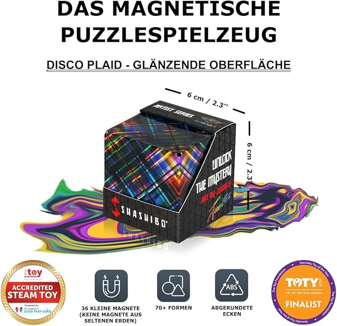 Shashibo Shape Shifting Box - Award-Winning STEM Fidget Toy with Ultra Strong Magnets - Puzzle Cube Transforms Into 100+ Shapes, Perfect Sensory Gift for Kids, Teens, and Adults (Disco Plaid)