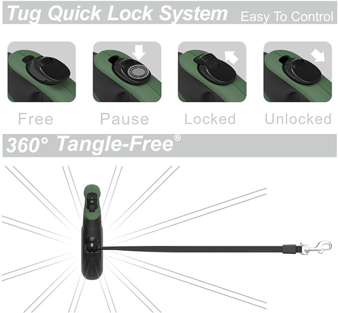 TUG 360° Tangle-Free Retractable Dog Leash with Anti-Slip Handle | 16 ft Strong Nylon Tape | One-Handed Brake, Pause, Lock (Medium, Green)