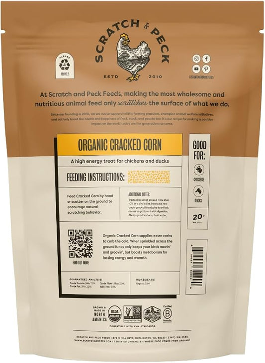 Scratch and Peck Cracked Corn Chicken, Duck and Livestock Supplemental Grain - 8 lbs Bag - 7.5% Protein, Certified Organic and Non-GMO Project Verified Chicken Food