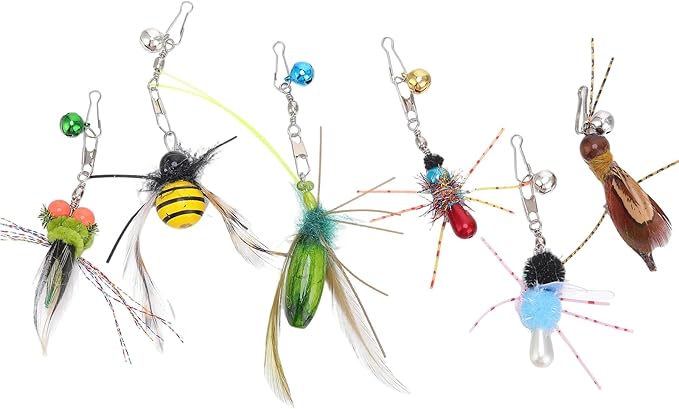 Cat Insect Feather Toys Replacement Cat Toy Wand Refills, 6 Pieces Natural Insect Cat Toy Feathers Refill, Interactive Cat Teaser Wand Attachments, with Bell(Style 8)