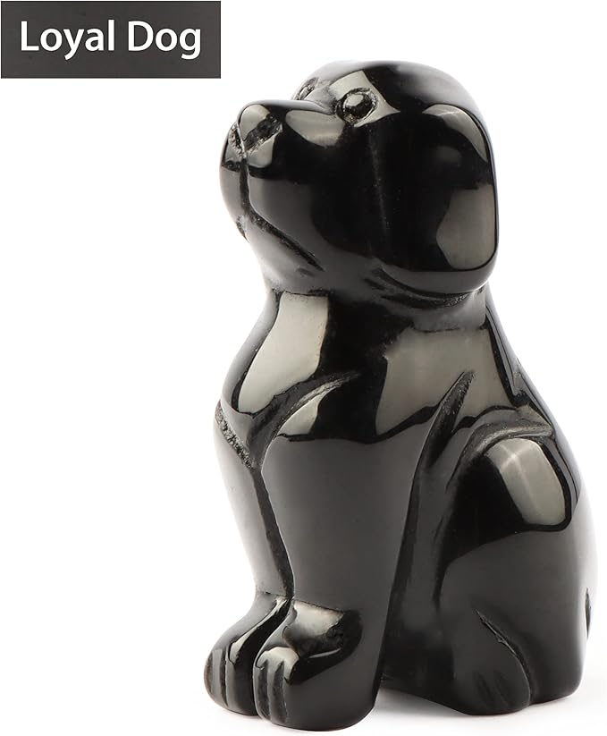 Artistone 2" Black Obsidian Dog Crystal Animals Figurine Carved Gemstone Puppy Dog Statue Sculpture Craft Home Decorations