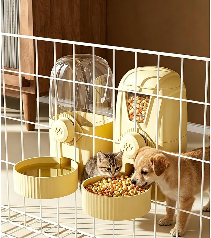 Hanging Pet Feeder Water Dispenser Set - 2-in-1 Gravity Food Water Bowl for Cats Small Dogs Rabbits, Cage Mounted No-Spill Pet Feeding Station (Yellow)