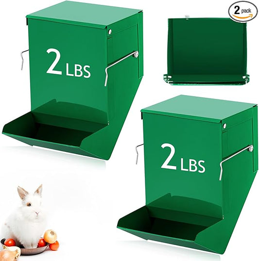Maxcheck 2 Pcs Rabbit Feeder for Cages Small Animal Food Pellet Dispenser with Lid Metal Chicken Grit Oyster Shell Squirrel Feeders Outside(4.7 Inches,Solid Bottom,Green)