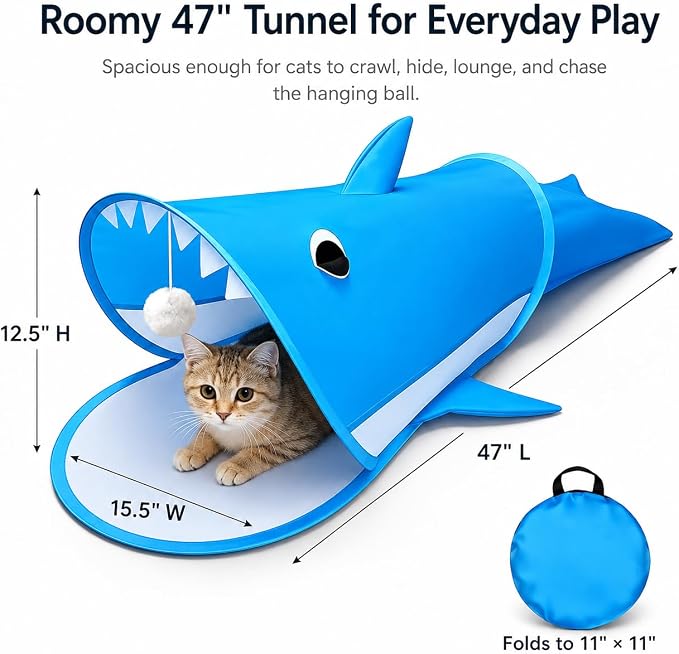 Blue Shark Cat Tunnel Toy, Collapsible Pop-Up Cat Play Tunnel with Interactive Hanging Ball & Storage Bag, Durable Polyester Interactive Cat Toy for Indoor Cats, Kittens