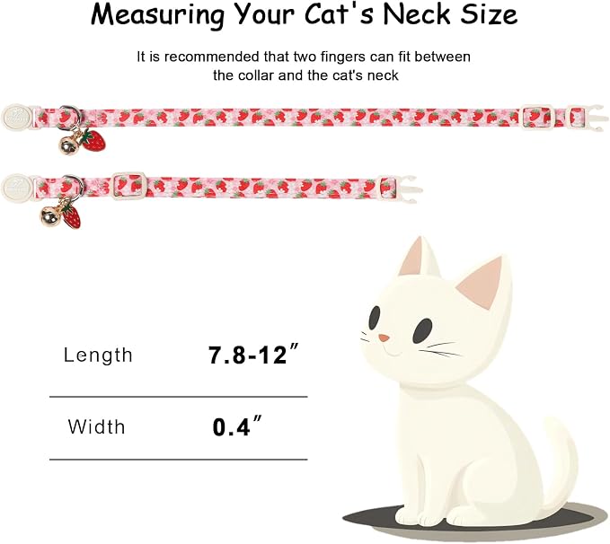 2 Pack Pink Cat Collars - Cute Strawberry & Bow Breakaway Cat Collars, Adjustable Girly Pink Kitten Collar for Small Dogs Puppy, Spring Summer Pet Safety Collar with Bell & Pendant