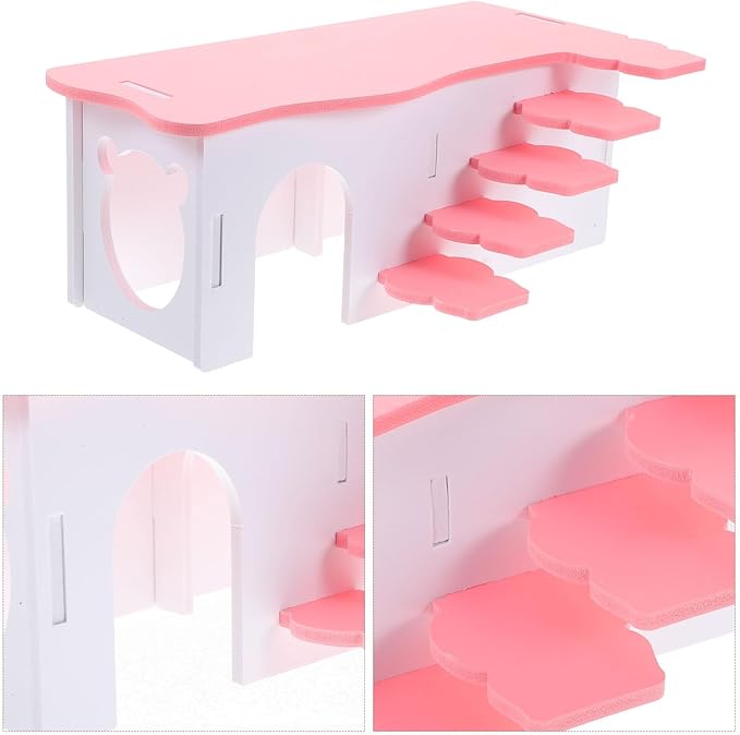 Beaupretty Hamster House Ladder 10.62In Multi-Level Wooden Platform Small Pet Hideout Toy for Hamsters Guinea Pigs Pink Cage Accessory