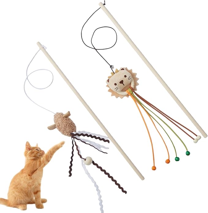 2-Pack Cat Toy Wand Set: Interactive Cat Teaser Wands with Bells and Streamers to Engage Your Cat’s Natural Instincts (Lion and Mouse)