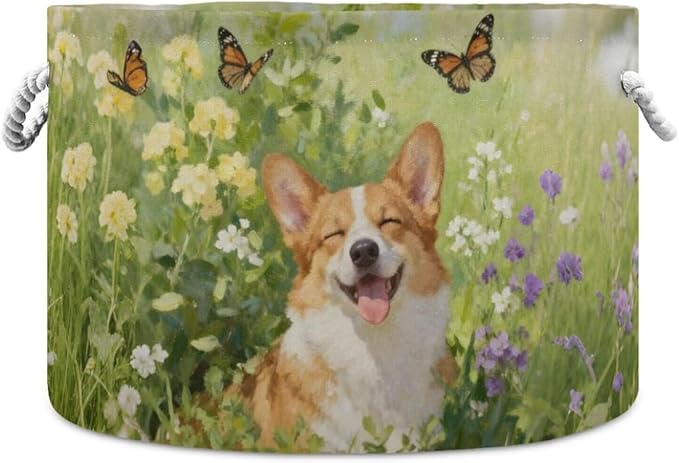 Joyful Corgi Print Round Storage Basket Dog Flower Garden Large Laundry Hamper 20 x 20 x 14 Inches Organizer Bin with Cotton Rope Handles Clothes Storage Bag for Nursery Bedroom Living Room Decor