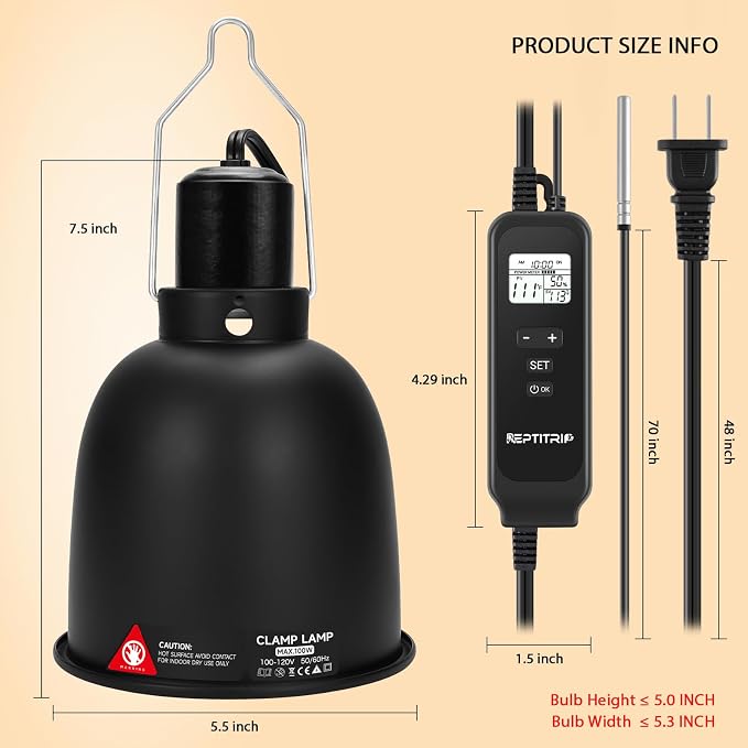 REPTITRIP 5.5 Inch Reptile Heat Lamp Fixture with PID Thermostat & 100W Ceramic Heat Emitter (Non-Light Emitting), Independent Day & Night Temperatures, Lampshade MAX 100W
