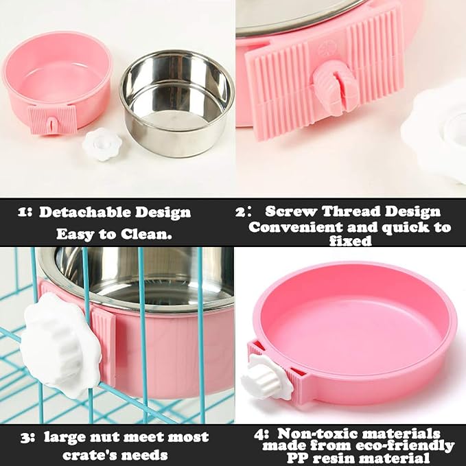 Love Dream Crate Dog Cat Bowls, Removable Stainless Steel Hanging Pet Cage Bowls for Kennel, Water Food Feeder Cage Coop Cup for Cats, Dogs, Rabbits and Small Animals (Small, Pink)