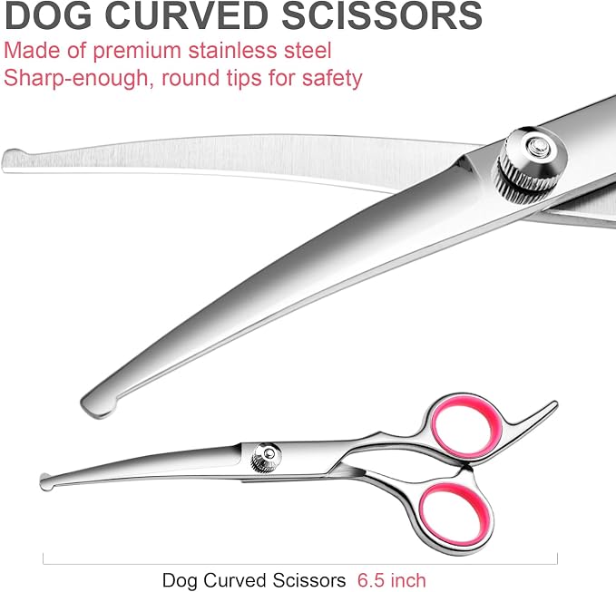 Dog Grooming Scissors Kit, Premium Stainless Steel Dog Shears with Curved Shears, Sharp Durable for Dogs Cats+Pink 3 Piece