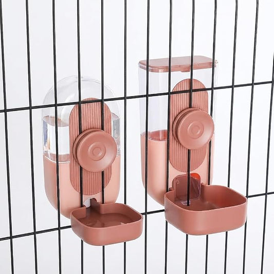 Hanging Gravity Pet Feeder Water Bowl Set for Small Pets(Bean Paste Pink) | 2-in-1 automatic feeding & drinking dispenser; cage hanging design; auto gravity refill; fits cats, dogs, rabbits, hedgehogs