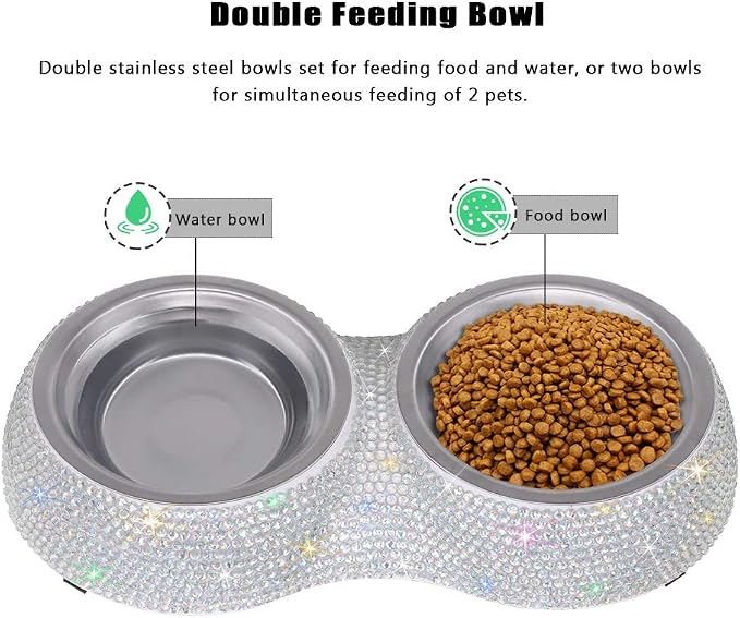 SAVORI Small Dog Bowls, Handmade Bling Rhinestones Stainless Steel Pet Bowls Double Food Water Feeder for Puppy Cats Dogs Cats (AB Color-320ml)