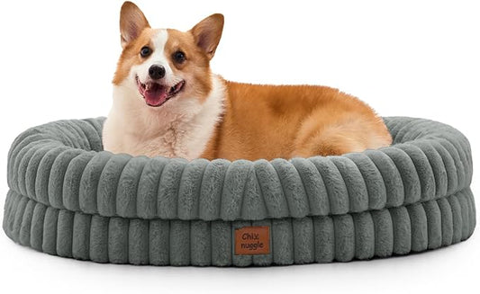 ChiXnuggle Dog Bed Large Sized Dog - Luxury Striped Faux Fur Waterproof Pet Couch with Removable Washable Cover, Orthopedic Pet Bed with Bolster Sides for Sleeping, Grey