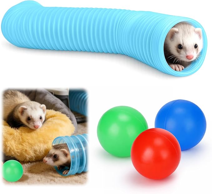 Mity rain Ferret Toys with 3 Balls Inclueded | Collapsible Tunnel Tube Accessories for Ferrets, Guinea Pigs, Hamsters, Expandable Interactive Toys Supplies for Small Pets