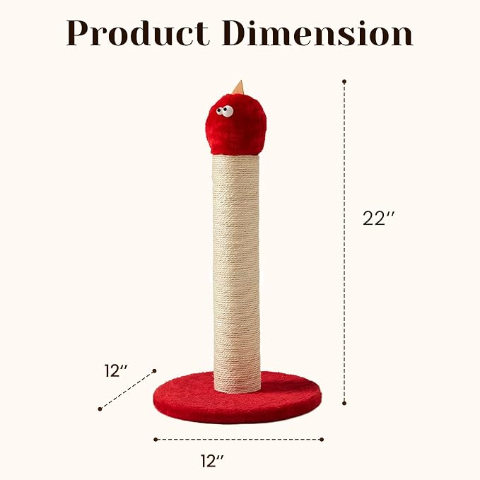 Cat Scratching Post for Small Space, 22'' Scratching Posts for Indoor Cats Adults, Extra Wide 13.4" Stable Base & Natural Sisal, Cute Cat Scratching Post with Short Plush Fabric for Large Cats, Red