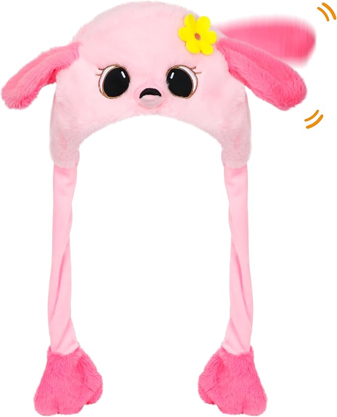 Bubblepompom Animal Hat with Ears Moving Jumping Pop Up Beating Hat Plush Holiday Cosplay Dress Up Funny Gift for Kids