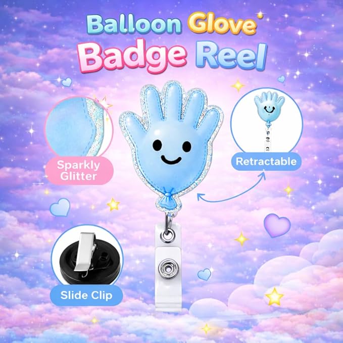 Balloon Glove Badge Reel Cute ID Holder Clip Alligator Swivel Retractable Lanyard Nurse Work Teachers Nursing RN CNA Healthcare Hospital Scrubs Fun Peds Pediatric Medical Coworkers Accessories Gifts