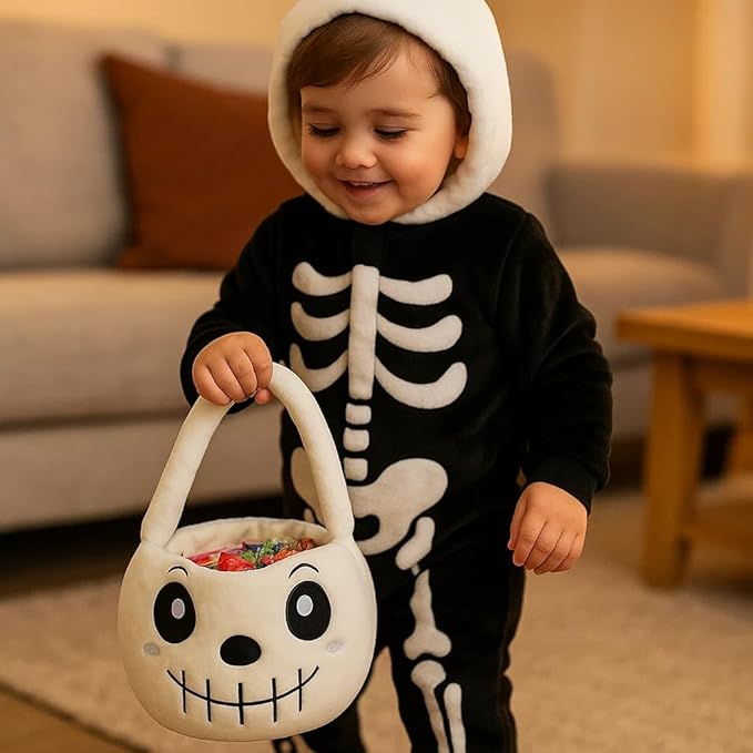 Halloween Plush Treat Basket, Halloween Candy Basket, Trick-or-Treat Bag(White Skull)