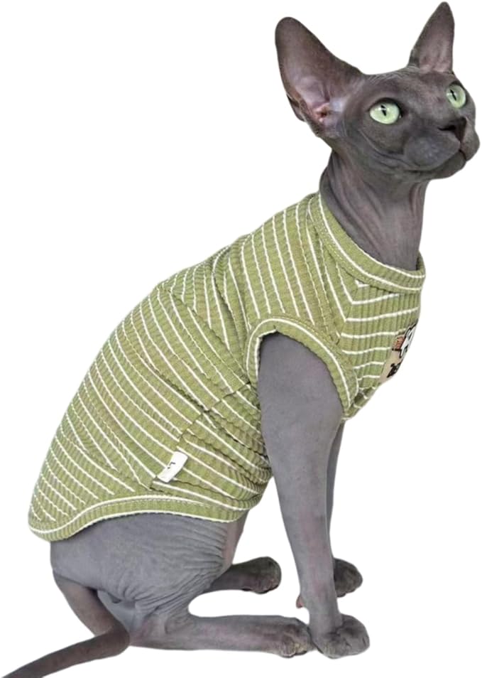 Green Stripe Sphynx Cat Vest Clothes for Hairless Cat T-Shirt Apparel | Sleeveless, Rib Knit, Thin for Summer, Cotton Blend