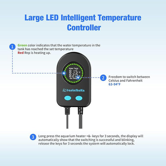 500W Submersible Fish Tank Heater for 70-120 Gallon with Auto Shut-Off When Leaving Water—Aquarium Heater, Dry-Burn & Overheat Protection, Smart LED Display, Freshwater Saltwater bigTank