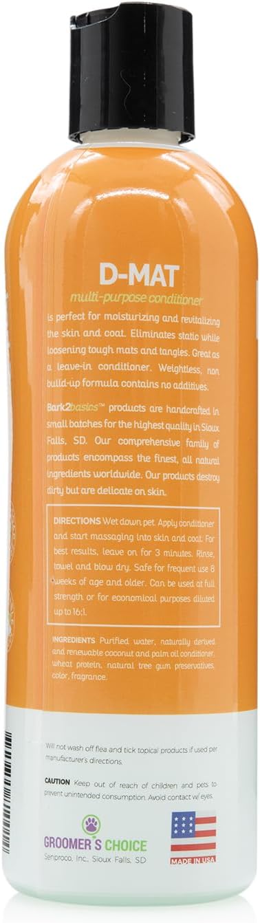 Bark2Basics d-Mat Dog Conditioner, 16 oz - Natural, Multi-Purpose, Eliminates Static, No Additives, Dematting, Aids in DeShedding