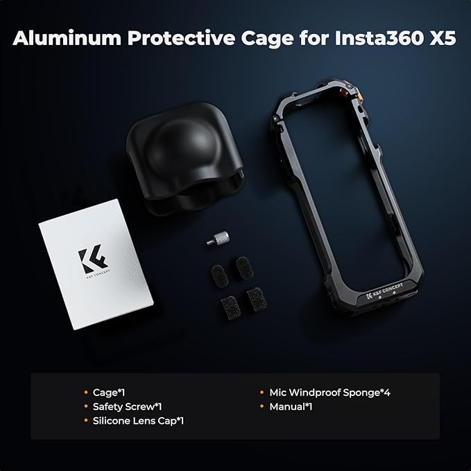 K&F Concept Standard Camera Cage Compatible with Insta360 X5, Aluminum Alloy Protective Frame Case with Silicone Lens Cover |1/4" Screw Hole | 2 Cold Shoe Mounts for Microphone and LED Video Light