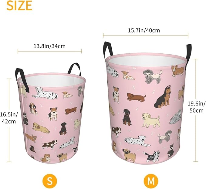 Cute Dogs Pink Round Laundry Hamper Storage Basket Toys Clothes Organizer Bin For Home Bathroom Bedroom Dorm Nursery, 38l