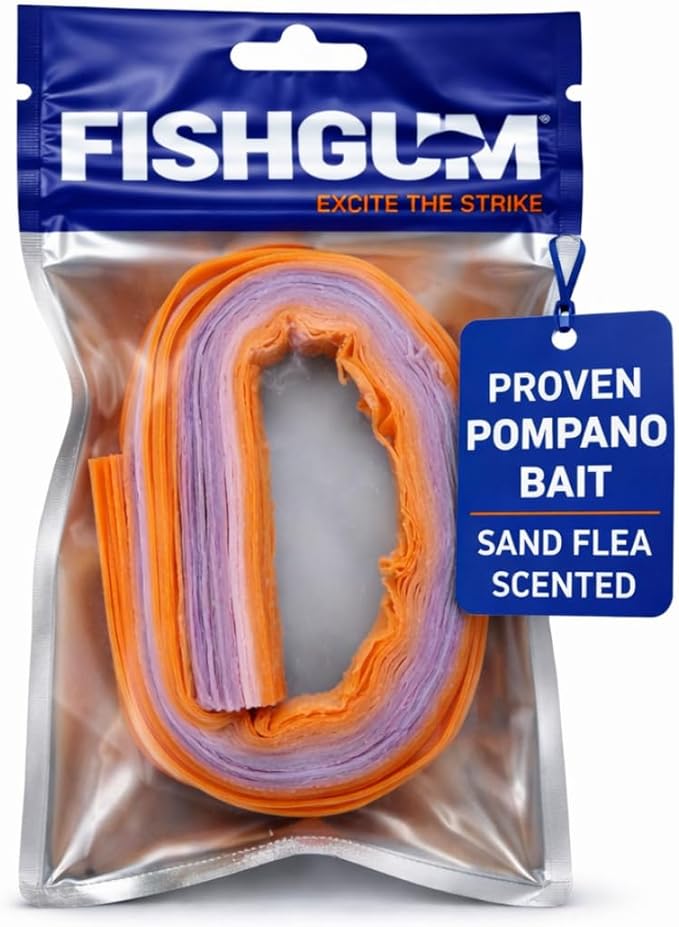 FishGum Surf Fishing Bait Strips for Saltwater Beach Fishing – Real Shrimp, Crab, Clam & Sand Flea Infused Scent – Artificial Cut Bait for Pompano, Redfish & Flounder