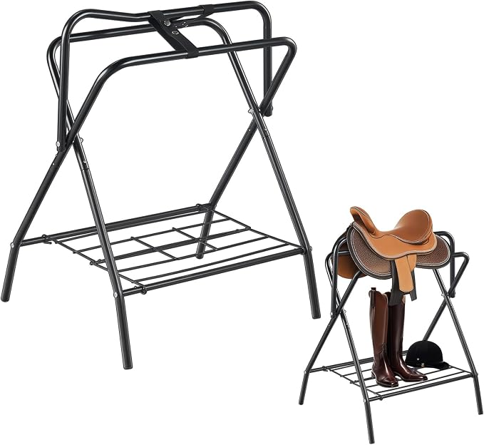 VEVOR Folding Saddle Rack, 2 Packs Freestanding Horse Saddle Stand, Portable Horse Blanket Holder, Heavy Duty Steel Saddle Rack for English & Western Saddles, Tack Storage, 28 x 19 x 37.5 in, Black