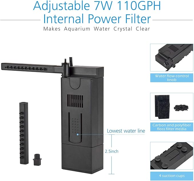 hygger 110GPH 7W Aquarium Power Filter Pump, Water Flow Adjustable, for 2-8 Gallon Fish Tank
