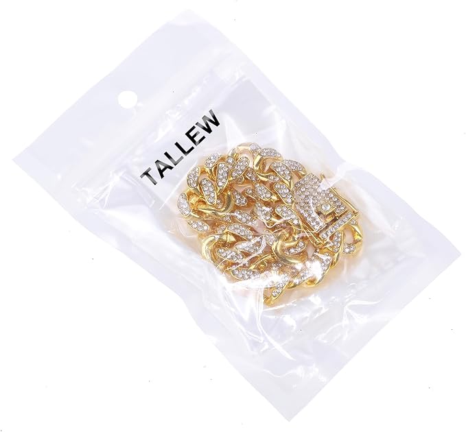 Tallew Gold Dog Chain Diamond Collar Walking Metal Chain Necklace with Secure Buckle Pet Cuban Style Collar Jewelry Accessories for Small Medium Large Dog Cats(14 inch)