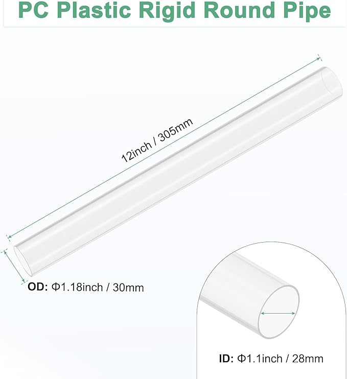 M METERXITY Clear Plastic Tube, 28mm[1.1"] ID x 30mm[1.18"] OD High Impact Rigid Polycarbonate Round Pipes for Water Plumbing/Lighting/Aquariums/Models, Plastic Tubing [305mm/12IN]
