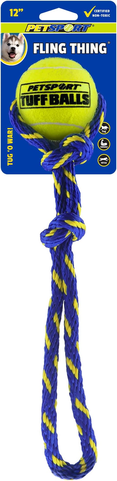 PetSport Fling Thing Dog Ball on Rope Toy, 12" Tennis Ball Rope for Fetch and Tug of War - 2.5" Tuff Ball with Non-Abrasive Felt, Non-Toxic, Durable Toy for Small and Medium Dogs